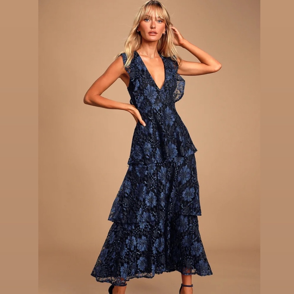 Lulu’s Women’s Molinetto Navy Blue Lace Ruffled Tiered Sleeveless Maxi Dress S